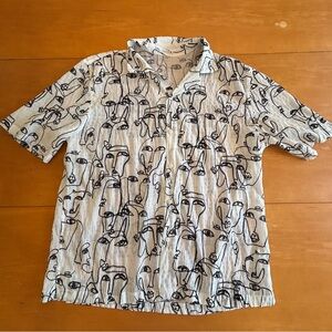 Zara XL black and white short sleeve button down Abstract Face Print Shirt